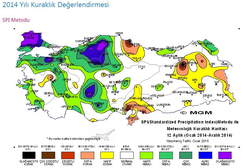 Şekil 2. 2014 yılına ait Türkiye geneli kuraklık değerlendirme haritası (http://www.mgm.gov.tr) c. Biyolojik Özellikler i. Bitkiler Grubu 1.