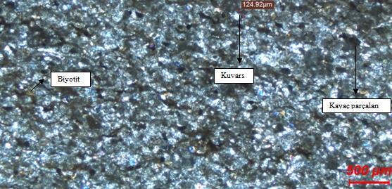 Kil-karbonat-demiroksit (limonit) bağlayıcı madde ve fosil içeriği bulunmaktadır. Kayaç parçaları bulunmaktadır.