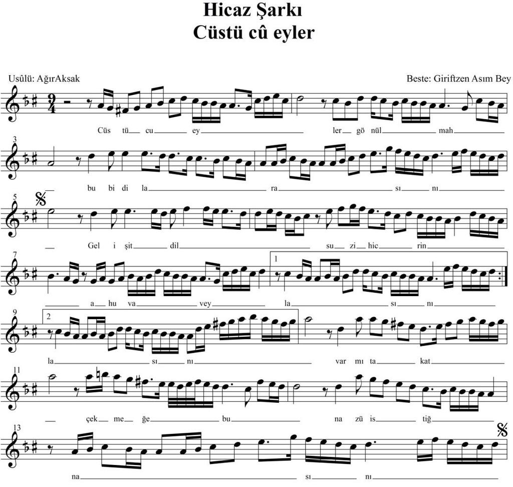 Işıldak, C.H. & Köprülü, G. Rast Müzikoloji Dergisi Cilt V, Sayı 2 (2017), s.1601-1618 Nota 6. Hicâz Şarkı - Cüstü cû eyler şarkı notası.