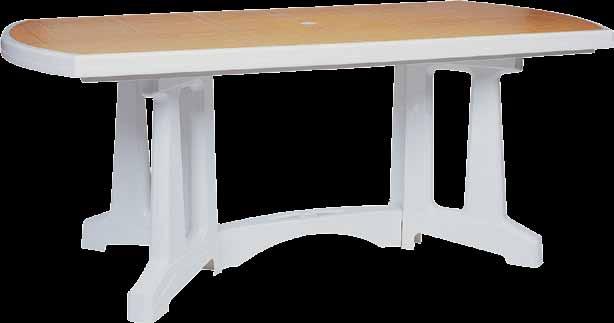 It also has a central hole for parasols. The table can be completely dismantled and its parts can be hooked under the top for storage.