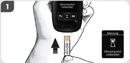 Kan şeker ölçümünün uygulanması Test çubuğunu sokun Test çubuğunu ok yönünde ölçüm cihazının içine