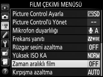 Zaman Aralıklı Filmler Fotoğraf makinesi, sessiz bir zaman aralıklı film oluşturmak için geçerli olarak film çekimi menüsündeki (0 70) Görüntü alanı seç (0 296), Çerçeve boyutu/kare hızı, Film
