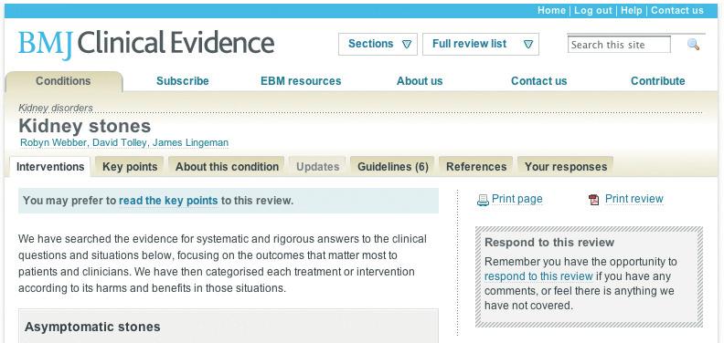 Bir incelemede gezinme İlginizi çeken incelemeyi bulduğunuzda, BMJ Clinical Evidence, bilgiyi sekmeli bir alt menüyle sunar.