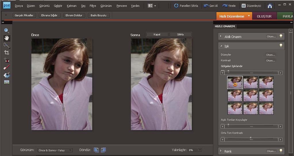 Renk ve ton düzeltme 105 Hızlı Onarım, Photoshop Elements programında çeşitli temel fotoğraf onarım araçlarını bir araya getirir.