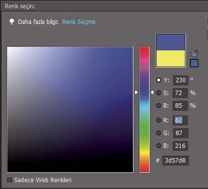 Boyama 225 A B C D E F G H Adobe Renk Seçici. A. Ayarlanan renk B. Orijinal renk C. HSB renk değerleri D. RGB renk değerleri E. Yalnızca Web renklerini görüntüler F. Renk alanı G. Renk kaydırıcısı H.