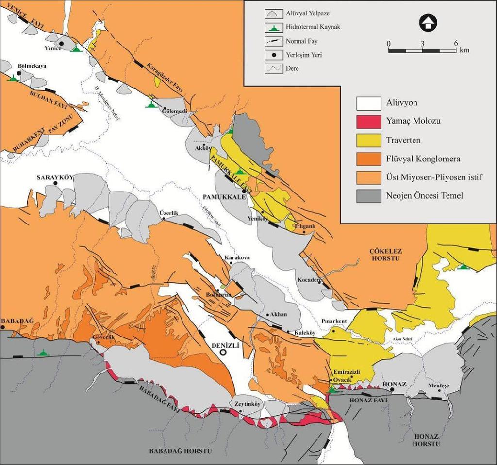 Şekil 3.1 : Denizli Havzası nın jeolojik haritası ve havzayı sınırlayan faylar (Koçyiğit 2005 ten değiştirilerek). 3.1 Honaz ve Civarının Jeolojik Özellikleri ve Tektonik Jeomorfolojisi 3.1.1 Stratigrafi Çalışma alanı Denizli ilinin 15 km doğusunda yer alan Honaz ilçesi ve çevresidir (Şekil 3.