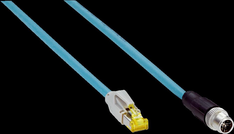 konnektör, M12, 8 pin, düz, X kodlamalı Kafa B: Erkek konnektör, RJ45, 8 pin, düz Üniversal: Gigabit-Ethernet, Çiftler halinde kıvrılmış, PUR,