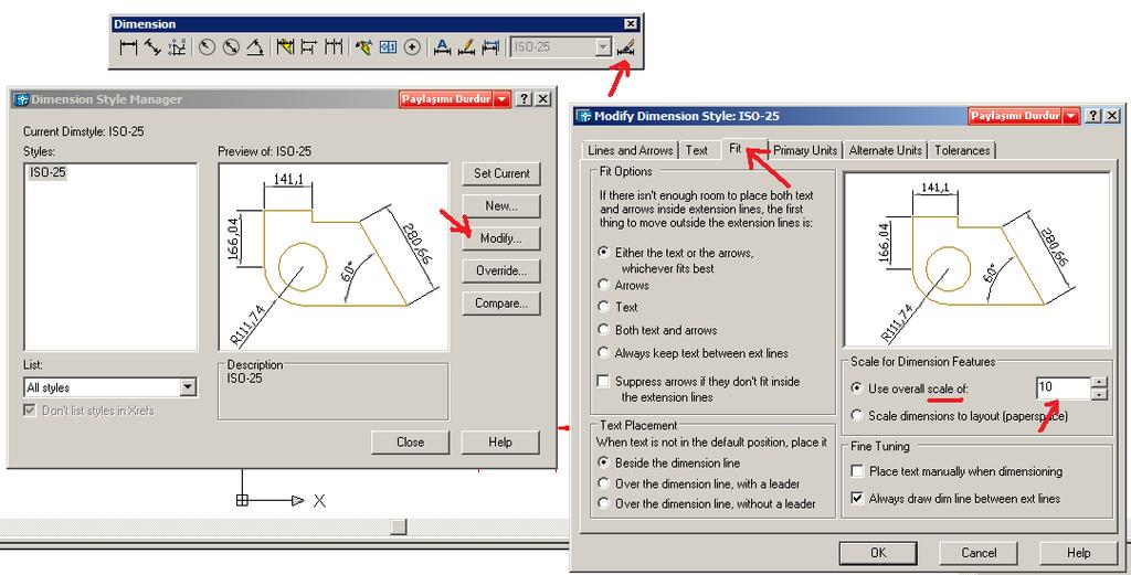 Autocad İle Ölçülendirmelerin Yapılması AutoCad de ölçülendirme yapabilmek için öncelikle Dimentions Araç çubuğunu çıkarmamız lazım.