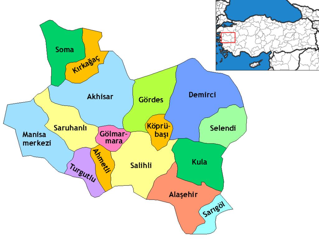 Gördes, Kırkağaç, Köprübaşı, Kula, Salihli, Sarıgöl, Saruhanlı, Selendi, Soma ve Turgutlu ilçelerinden oluşmaktadır. Harita 3: Manisa İli İdari Bölünüş 4.