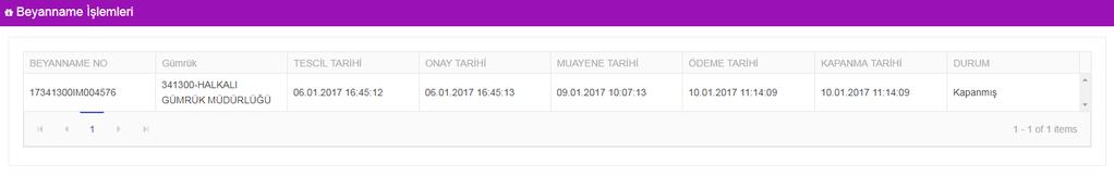 NCTS numarası (Örn: 17DE745844017781M7) ile sorgulama yapıldığında NCTS beyanı işlemlerine