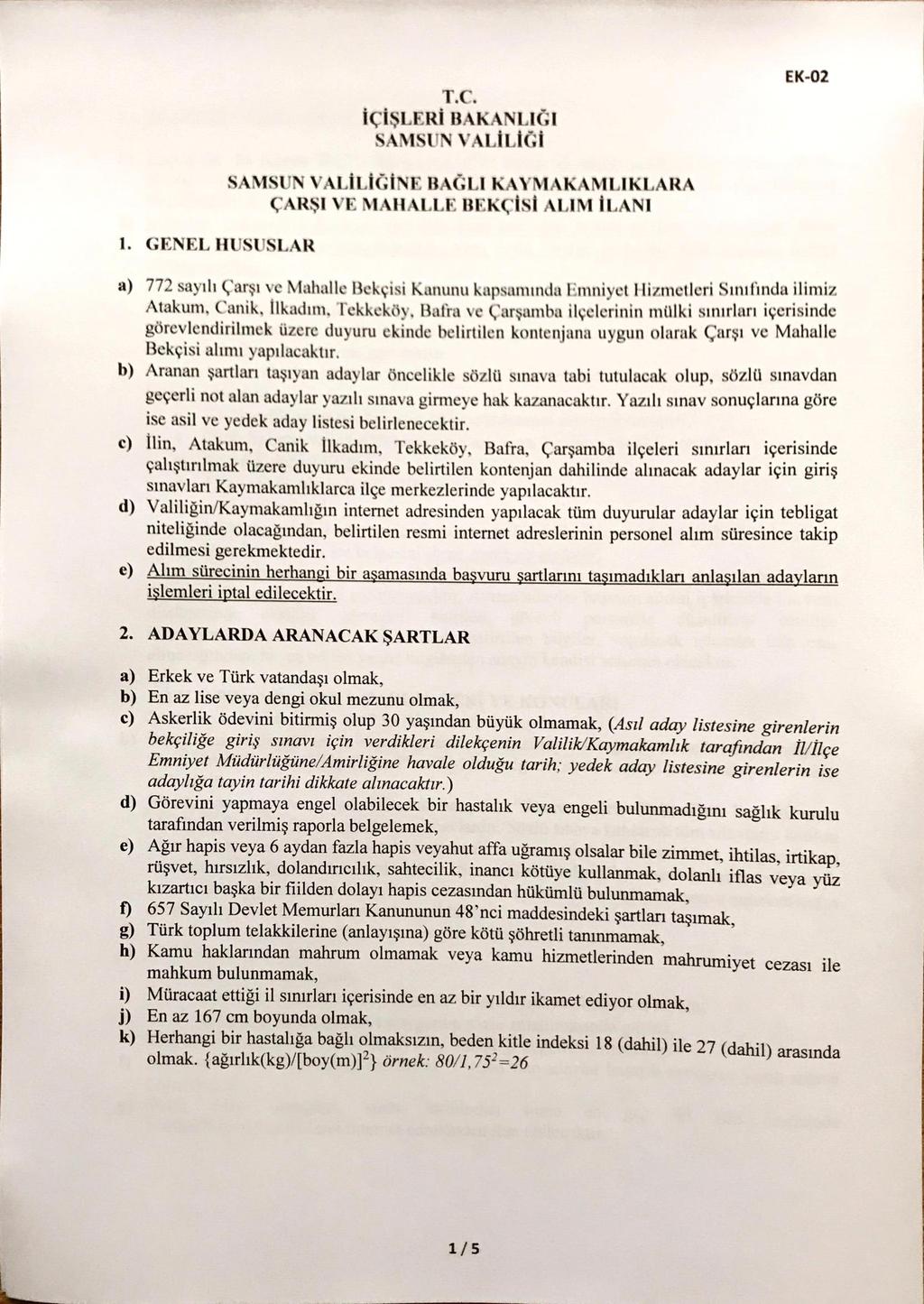 T.C. İÇİŞLERİ BAKANLIĞI SAMSUN VALİLİĞİ EK-02 ı.