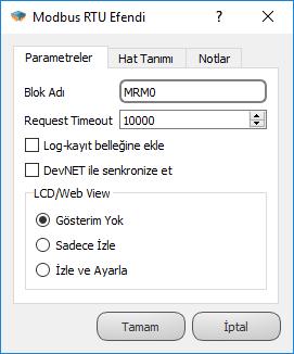 9.1.3 Özel Ayarlar Request Timeout: Cevap süresinin belirlendiği kısımdır. 9.1.4 Blok Açıklaması MODBUS RTU Efendi bloğu, haberleşme portu girişi üzerinden bağlanan fiziksel arayüz üzerinde MODBUS RTU Efendi protokolünün aktive olmasını sağlar.