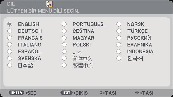 Kullanıcı Denetimleri AYARLAR GENEL DIL Çok dilli OSD menüsünü seçin. Alt menü için veya düğmesine basın ve ardından istenilen dili seçmek için veya düğmesini kullanın.