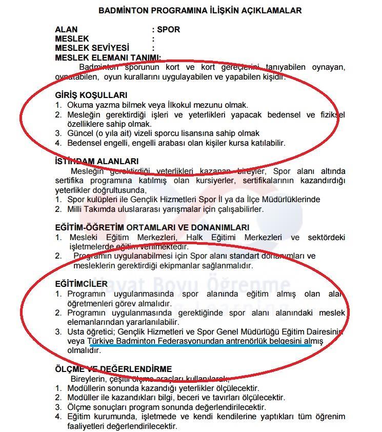 Spor alanında Badminton kursunu inceleyelim; 1- Giriş koşullarında en dikkat çeken husus, kursiyerlerin güncel lisanslarının olması