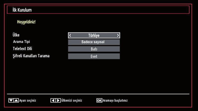 İlk Kurulum ÖNEMLİ: İlk kurulum için TV yi açmadan önce antenin bağlı olduğundan ve bir Ortak Arabirim modülünün takılmamış olduğundan emin olunuz.