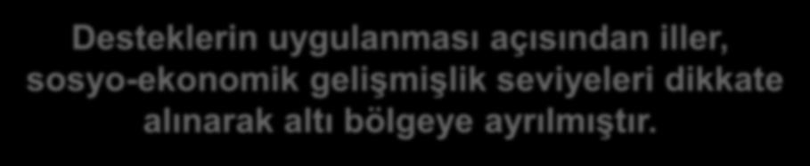 Desteklerin uygulanması açısından iller, sosyo-ekonomik gelişmişlik seviyeleri dikkate alınarak altı bölgeye ayrılmıştır.