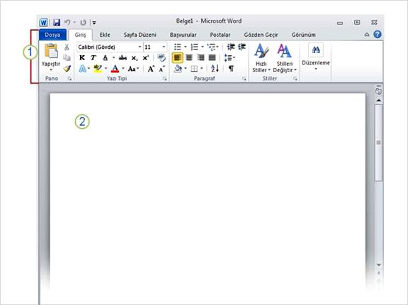 Word ü açtığınızda iki şey veya ana bölümleri görürsünüz: 1 Şerit belgenin yukarısında bulunur ve belgenizde ve belgenizle bir şeyler yapmak için (örn.