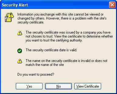 Internet Explorer 6 kullanıldığında Security Alert kutucuğu sertifikanın durumuna göre görünebilir. Bu durumda, devam etmek için Yes i tıklayın. İzleyici penceresi gösterilir (SSL iletişiminde).