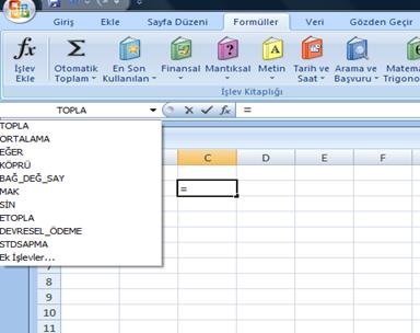 İşlev eklemek için bir diğer yol ise formül girilecek hücreye eşittir işareti girdikten sonra ad kutusundan yararlanmaktır.