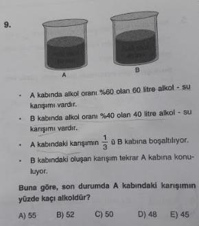 X kabından alınan miktara a gram diyelim. Buna göre karışım denklemini yazalım.