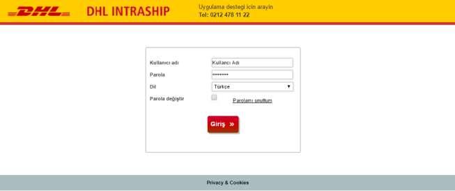 INTRASHIP UYGULAMASINA GİRİŞ https://intraship.dhl.com.tr adresinden uygulamayı açınız. Size gönderilen bilgilendirme mailinde yer alan Kullanıcı Adı ve Şifrenizi kullanarak sisteme giriş yapınız.