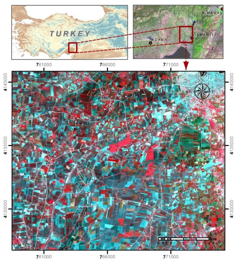 783 Bu çalışmanın ilk amacı Osmaniye-Kadirli, Türkiye bölgesine ait Haziran 2014 tarihli SPOT 6 uydu görüntüsü ile arazi örtüsünün belirlenmesidir.