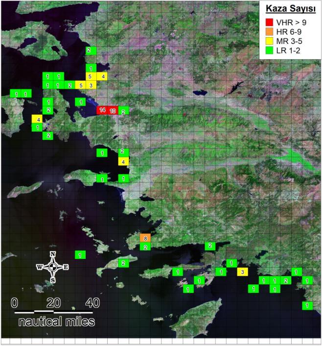 Şekil 7: Riskli deniz kaza alanları Şekil 7 de anlaşılacağı üzere özellikle İzmir Körfez girişi VHR özellikte bir denizalanı özelliği taşımaktadır.