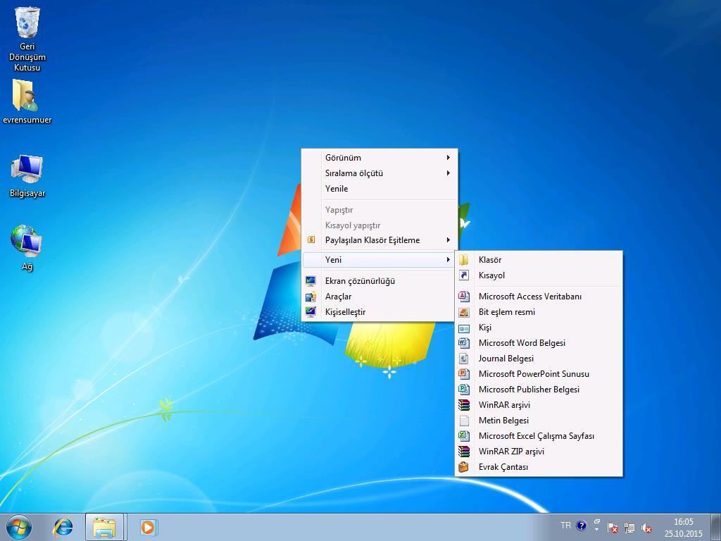 Yeni Klasör Oluşturma Masaüstünde bir klasör oluşturmak istenirse farenin sağ tuşu ile boş bir alana tıklanır ve açılan menüden Yeni alt menüsüne ve bu menüden Klasör komutuna tıklanır.