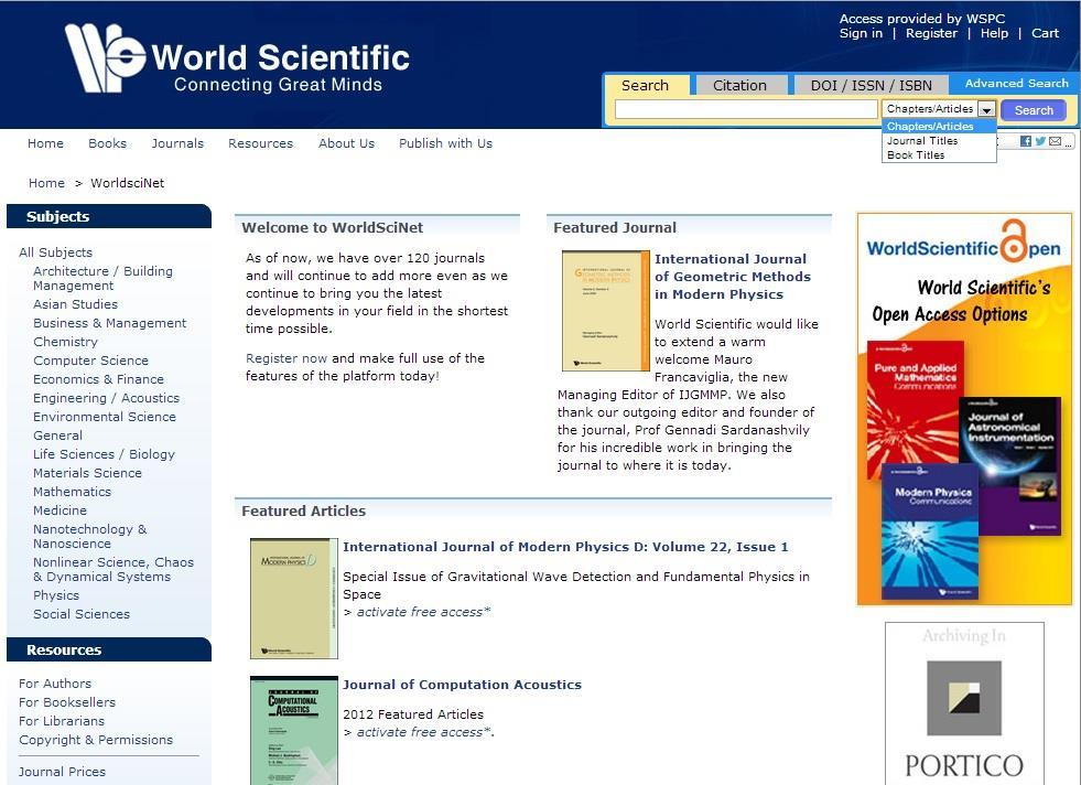 WorldSciNet Chapters/Articles,