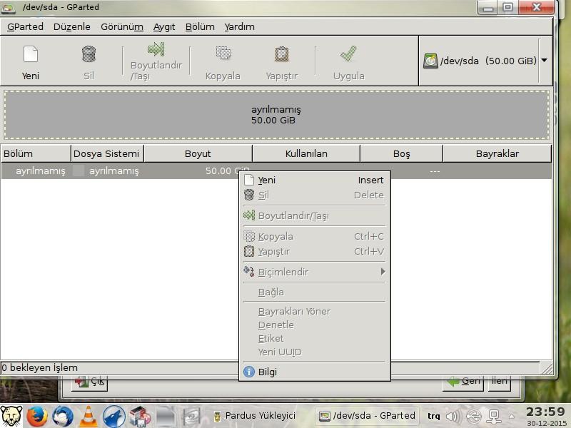 ayrılmamış diskin üzerine sağ