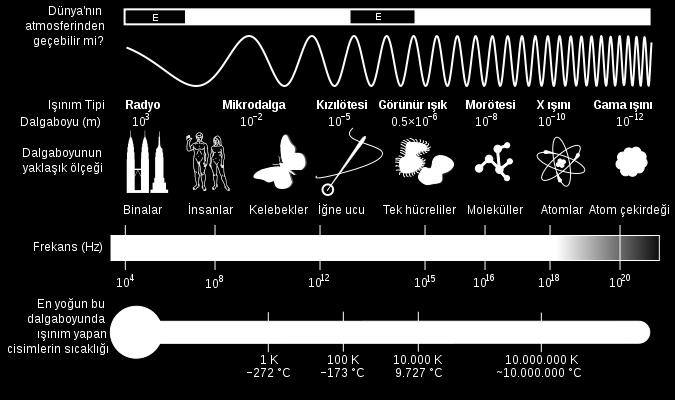 Λ=390-750 nm 5) Kızılötesi: λ= 1mm-750 nm 6) Mikrodalga: λ =1mm-1m 7) Radyo dalgaları: λ = 1m-binlerce km.