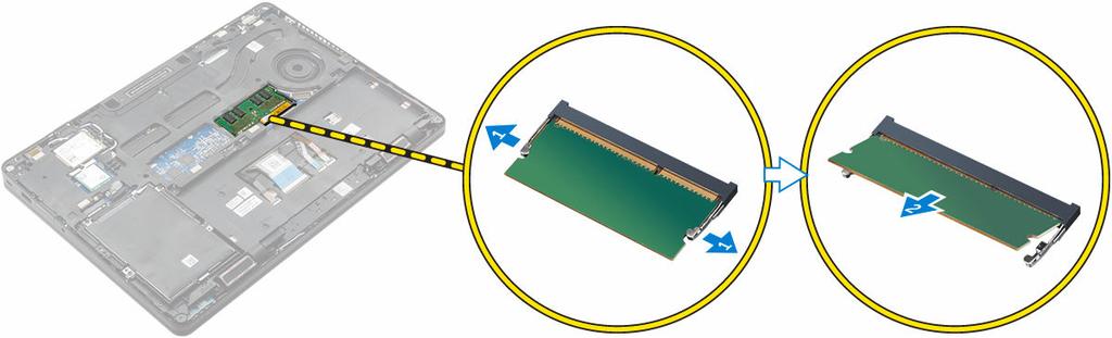 Şunları çıkarın: a. alt kapak b. pil 3. PCIe SSD'yi kaldırın. a. SSD braketini SSD'ye sabitleyen vidaları sökün [1]. b. SSD braketini çıkarın [2]. c. SSD'yi bilgisayardan çıkarın [3].