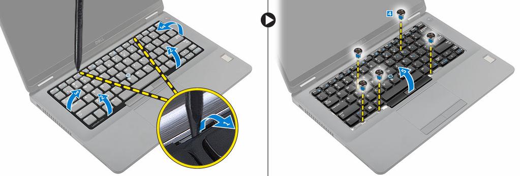 Klavye kenarını bilgisayardaki tırnaklar ile hizalayın ve yerine oturana kadar bastırın 4. Klavye kablolarını sistem kartındaki konnektörlere takın. 5. Şunları takın: a. pil b. alt kapak 6.