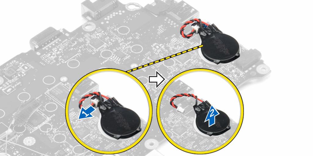 3. Düğme pili çıkarmak için: NOT: Düğme pil sistem kartının arkasında yer alır. a. Düğme pil kablosunu sistem kartındaki konnektörden çıkarın [1]. b.