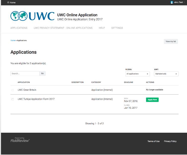 View Applications tuşuna basıp ilerleyin UWC Türkiye Application Form un yanında bulunan yeşil tuş.
