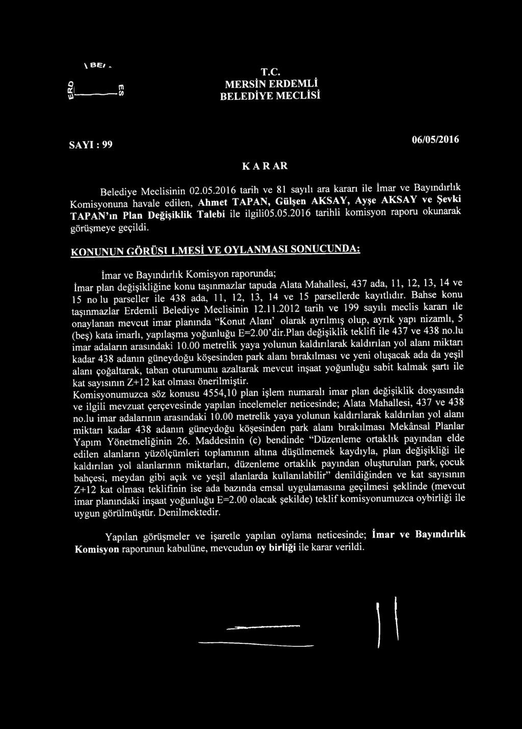 2016 tarih ve 81 sayılı ara kararı ile İmar ve Bayındırlık Komisyonuna havale edilen, Ahmet TAPAN, Gülşen AKSAY, Ayşe AKSAY ve Şevki TAPAN ın Plan Değişiklik Talebi ile ilgili05.