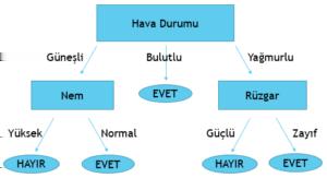 Aynı şekilde diğer verileri de hesapladığımızda; BK (Sgüneşli,Nem) = 0,96 BK (Sgüneşli,Sıcaklık) =0.57 BK (Sgüneşli,Rüzgar) = 0.019 Gördüğümüz gibi en yüksek Bilgi Kazancı, Nem tarafından verilir.