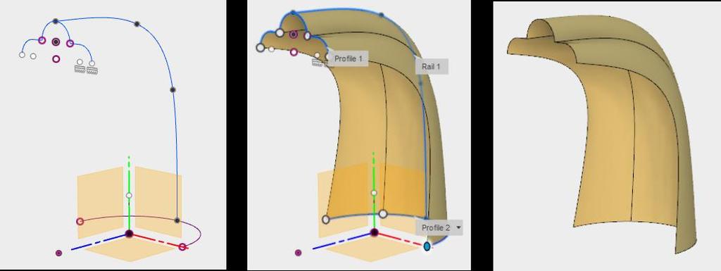 Farklı açıdaki düzlemlerde çizilmiş iki profil ile loft oluşturulursa şekil aşağıdaki gibi olur. Önce profiller sonra da Guide Rail ile izlenecek yol seçilir.