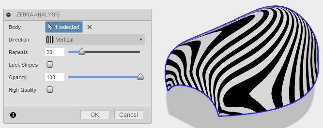 1.6.3. Zebra Analysis Resim 1.27 Zebra Analysis ile görsellik analizi Komut çalıştırıldıktan sonra nesne tıklanarak yüzey incelemesi başlatılır. Nesne üzerinde zebra çizgileri oluşur.