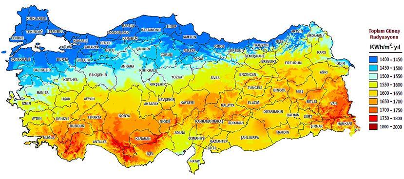 GİRİŞ Türkiye, güneş enerjisi açısından global ışınım radyasyonu ve güneşli gün sayısı açısından oldukça avantajlı konumdadır.