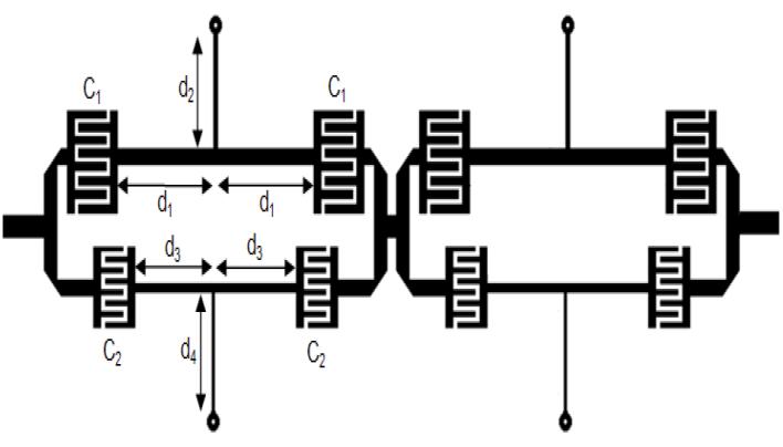 dört bantlı bant geçiren filtre yapısı ve bahsedilen bu yapının frekans cevabı Şekil 1.2'de gösterilmektedir. Şekil 1.18: a) Metamalzeme davranışlı filtre yapısı ve b) frekans cevabı Şekil 1.
