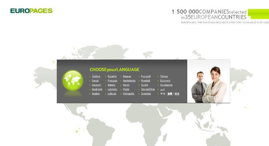 Europages.com 26 farklı dilde anasayfa Websitesi, 26 dilde giriş ve arama yapılmasına olanak sağlamaktadır.