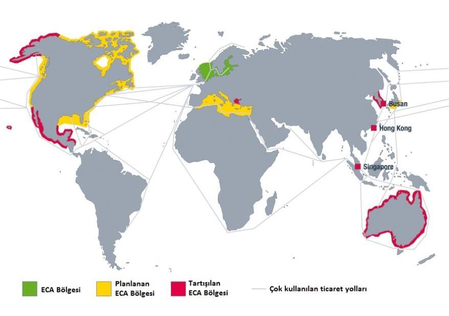 Şekil 2.3 ECA bölgeleri ve en fazla kullanılan ticaret yolları [16] Şekil 2.