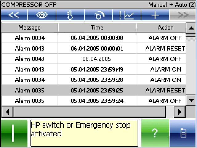 .3 Alarm geçmişi Res.33: Alarm geçmişi Bu ekranda son 255 arıza veya uyarı, arıza numarasıyla ve zamanla birlikte kaydedilir.