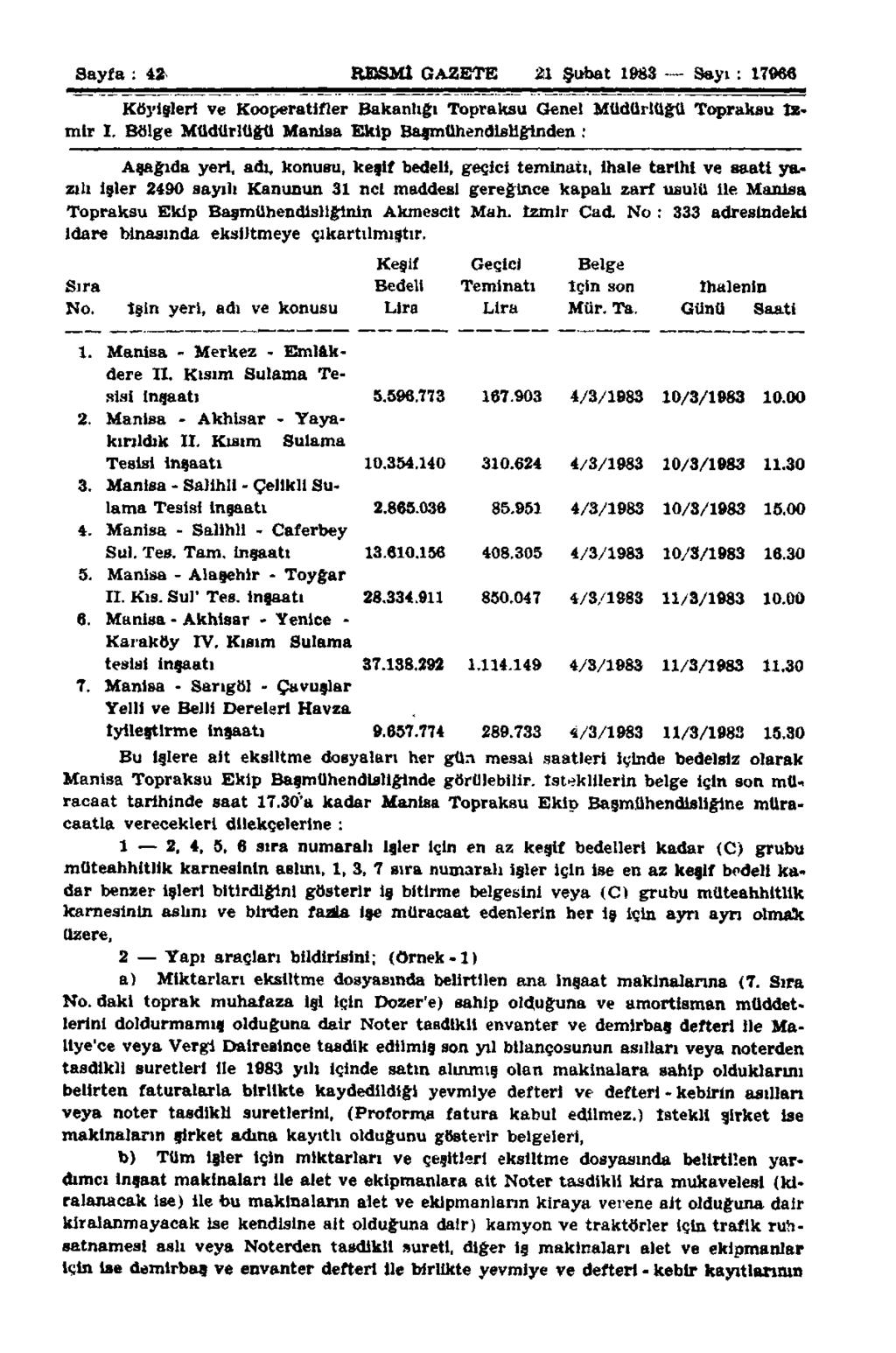 Sayfa : 42 RESMİ GAZETE Ül Şubat 1983 Sayı : 17968 Köyişleri ve Kooperatifler Bakanlığı Topraksu Genel Müdürlüğü Topraksu İzmir I.