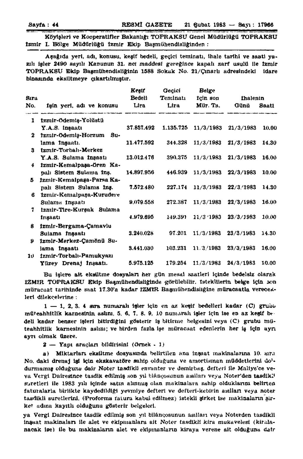 Sayfa : 44 RESMÎ GAZETE 21 Şubat 1983 Sayı: 17988 Köyişleri ve Kooperatifler Bakanlığı TOPRAKSU Genel Müdürlüğü TOPRAKSU İzmir I.