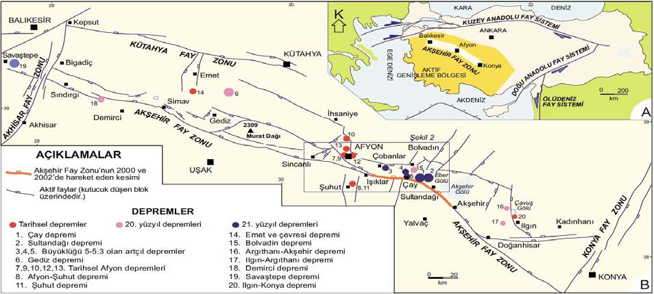 3 Şekil 1. A) Türkiye ve yakın çevresini etkileyen önemli fay sistemleri B) Akşehir Fay Zonu ve bu zon içerisinde gelişmiş önemli depremleri gösteren harita (Koçyiğit vd.
