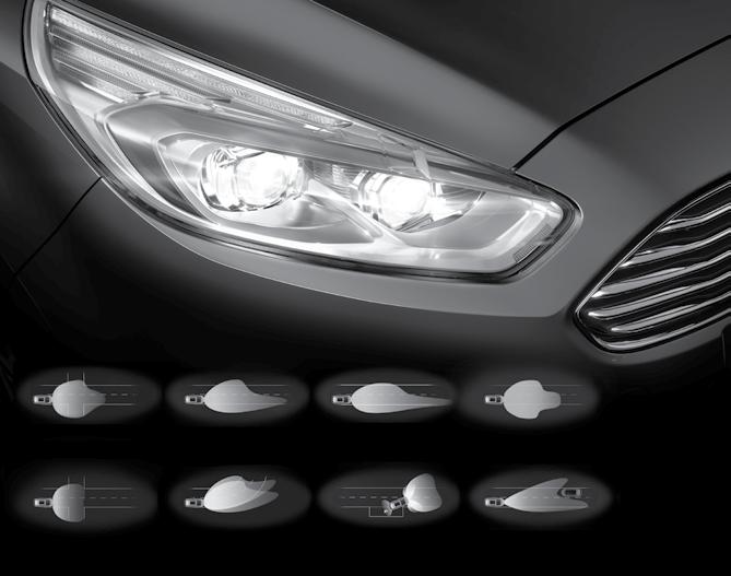 Yeni Ford Galaxy nin Dinamik LED Ön Far açısı ve hassasiyeti ortam koşullarına göre otomatik olarak ayarlanır.