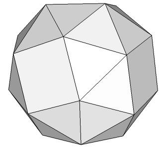 128 4.2.7. Snub küp (snub cube) Snub küp, birbirine otuziki adet eşkenar üçgen ile altı adet karenin birleşmesinden oluşan bir geometrik şekildir. Snub küpün geometrik şekli Şekil 4.