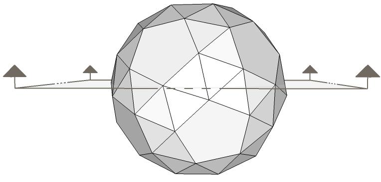 Snub dodekahedronun tüm yüzeylerini gösteren perspektif görünüşü Snub dodekahedron aşağıda gösterildiği üzere yatay eksende kesilerek geçici yapı için kullanımı